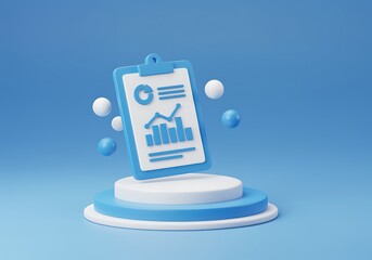 3D Rendered Clipboard with Business Charts on Display Podium in Blue Tones Business and Finance Visualization