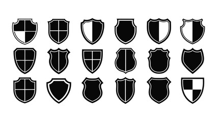 Diverse collection of monochrome shield icons, perfect for representing security, protection, and heraldic crests in various design projects, embodying concepts of defense and honor