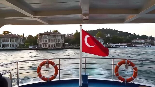 Turkish Flag Waving on a Bosphorus Ferry During a Scenic Sunset Cruise in Istanbul.