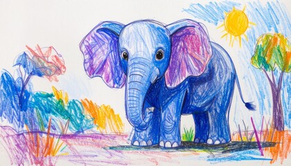 Obraz premium Blue Elephant Crayon Drawing