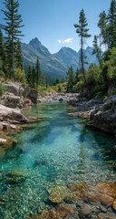Crystal-clear river flows through a verdant forest towards towering mountain peaks