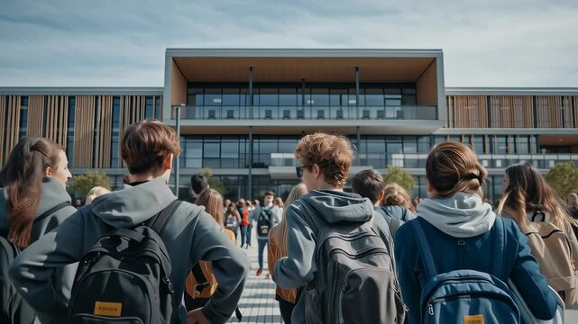 Group of students with backpacks walking toward a modern school building, symbolizing education, community, and academic life.
