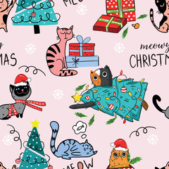 hand drawn christmas cat pattern. Seamless vector backround  for T-shirts, textiles, wrapping paper, web. 

