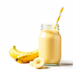Banana smoothie jar with straw, tropical fruity shake, refreshing organic beverage, healthy vegan detox drink, summer fresh blend, isolated on clean white background