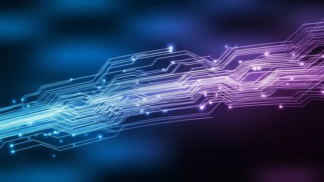Glowing lines of a digital circuit board on a dark background - Powered by Adobe