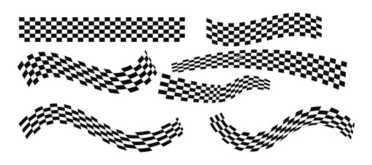 Racing stripes and checkered flags vector set. Dynamic black shapes for speed, automotive graphics, car decals, motorsport branding, and motion design themes