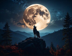 Majestic wolf howling at a full moon over a mountain range