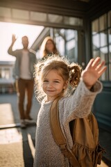 Little girl with new backpack smiling at school entrance, parents waving, bright sunlight, joyful emotion, cinematic storytelling