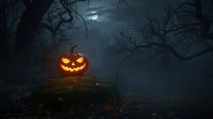 Glowing Jack-o'-Lantern in Spooky Forest with Full Moon, Mist, and Crow