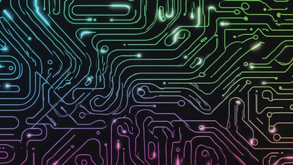 Neon circuit board with glowing lines in blue green and purple - Powered by Adobe