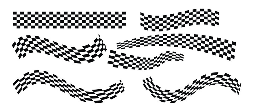 Racing stripes and checkered flags vector set. Dynamic black shapes for speed, automotive graphics, car decals, motorsport branding, and motion design themes