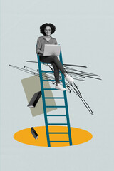 Exclusive artwork banner collage of happy businessman businesswoman stand career ladder development...