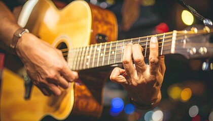 Obraz premium Close Up Of Hands Playing Acoustic Guitar