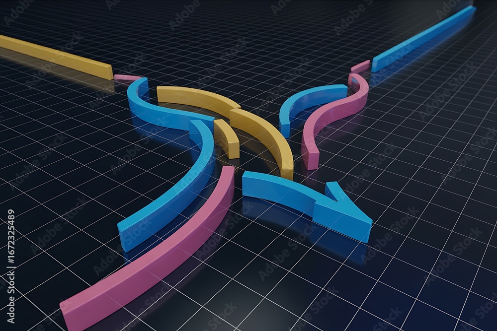Aufkleber abstract 3d rendering of intersecting colored arrows on a grid background image photo