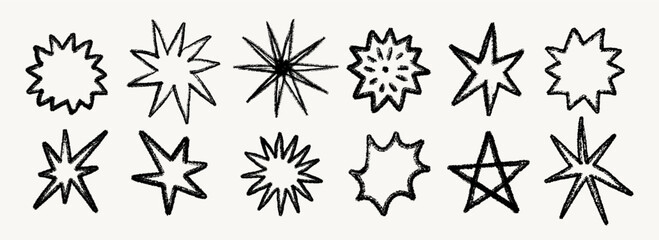 Crayon star set hand drawn with pencil and chalk line texture. Black doodle stars in rough sketch style with different shapes and lines. Perfect for fabric, wrapping paper, posters, print