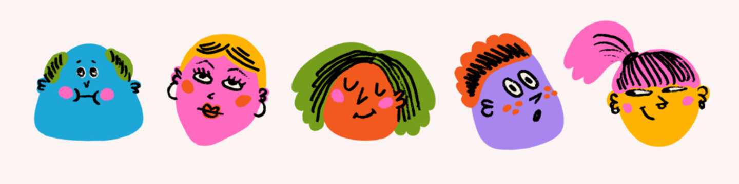 Face smile icon vector set with doodle style and bright colors. Emoji illustration with happy expressions in cartoon crayon look. Perfect for stickers, kids projects, prints.