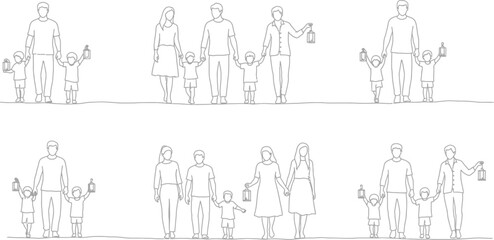 Family parents children holding hands lanterns outline drawing togetherness