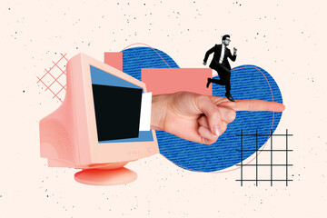 Sketch artwork banner creative collage of serious businessman run hand peek boss pc monitor point...
