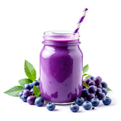 Blueberry Smoothie in Glass Jar with Straw