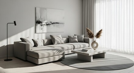 Serene modern living room featuring a neutral color palette and natural light