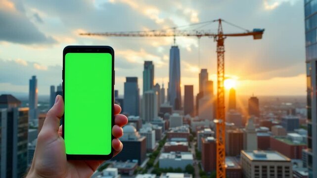 City Skyline and Mobile Screen: A hand holds a mobile phone with a green screen, offering a modern view set against a sprawling city skyline under the setting sun.
