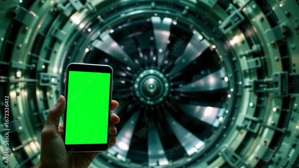 Poster digital innovation: a hand holding a smartphone with a blank green screen is positioned in front of 