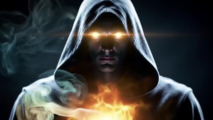 A hooded figure with glowing eyes amidst swirling colored smoke and a brilliant light source