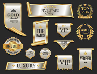 Top rated award winner gold and white badge and emblem collection stock illustration