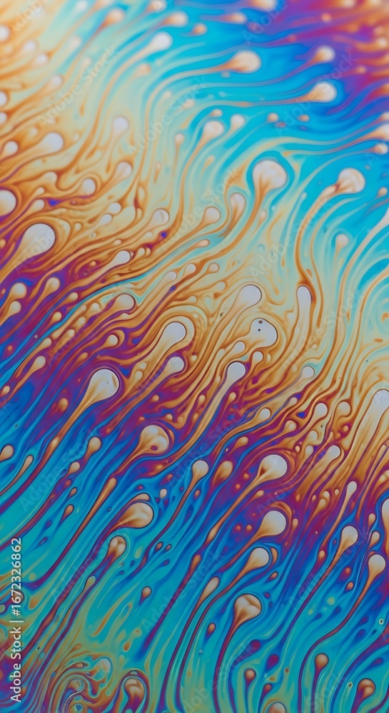 Poster iridescent streams and spheres abstract microscopic pattern art, close-up