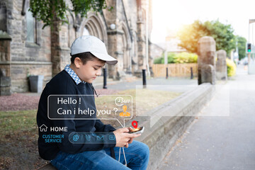 Lost boy using smartphone search maps and ask for help while travel alone,concept of digital...