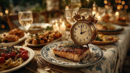 Golden Alarm Clock on Dinner Table Setting at Night
