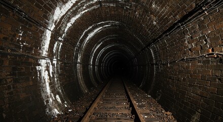 Underground brick tunnel with railway tracks dark and mysterious passage way exploration and architecture -