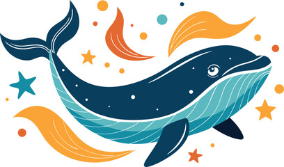 Obraz premium Whimsical whale surrounded by stars and abstract shapes