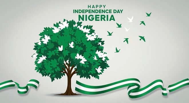 Nigeria Independence Day Tree Birds Flag October 1 ribbon green