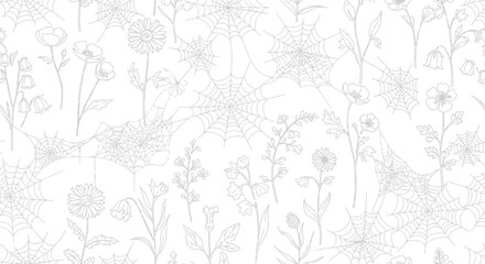Floral pattern spiderwebs flowers nature halloween botanical line art spooky