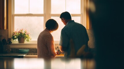 A man and woman are standing in a kitchen, looking at each other