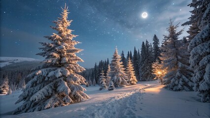 Wide shot of snowy pine trees glowing under moonlight
