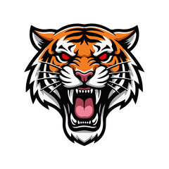 Obraz premium Angry tiger mascot logo design with open mouth, red eyes and sharp fangs, vector illustration