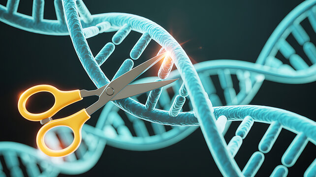 3d visualization of gene editing on dna with scissors symbolizing crispr cas9 genome modification biotechnology molecular engineering and precision therapy