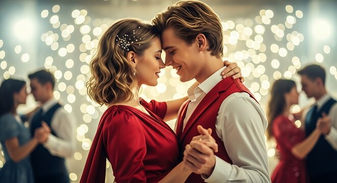 Young couple dancing romantically at a formal event