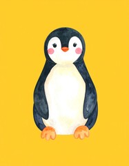 Naklejka premium A charming, watercolor illustration of a penguin with rosy cheeks, presented against a vibrant yellow backdrop.