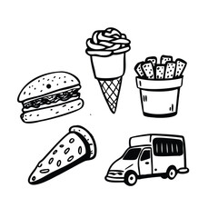 Street Food Doodle Icon Set. Hand-Drawn Vector Illustrations for Festival and Food Branding