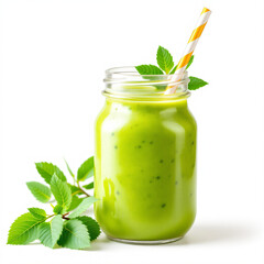 Kiwi Smoothie in Glass Jar with Straw