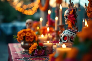 Naklejka premium Dia de los Muertos colorful altar with marigolds, candles, and sugar skulls