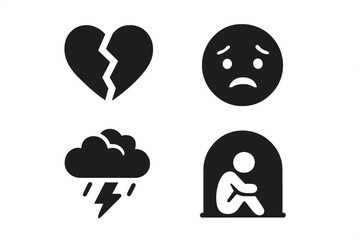 Anxiety solid icon set. Mental health, depression, stress concept. Vector glyph of broken heart, worried face, storm cloud, and social isolation. Psychology symbols.
