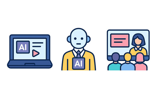 AI education icon set. E-learning, virtual classroom, online course concept. Flat vector icons for AI tutor, chatbot, webinar, digital learning, smart education platform.
