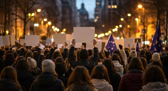 Large Crowd at Night Protest Demonstration Blank Signs people ci
