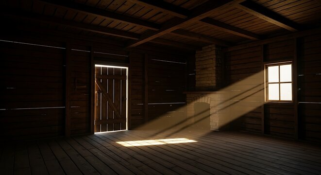Sunlit interior of an old wooden cabin evokes feelings of rustic simplicity and solitude