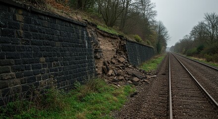 Railway track with damaged retaining wall and fallen bricks near train tracks and green vegetation -