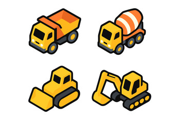 Construction vehicles isometric icon set. Toy dump truck, cement mixer, bulldozer, excavator. Heavy equipment cartoon vector flat illustration. Building industry machinery graphics.